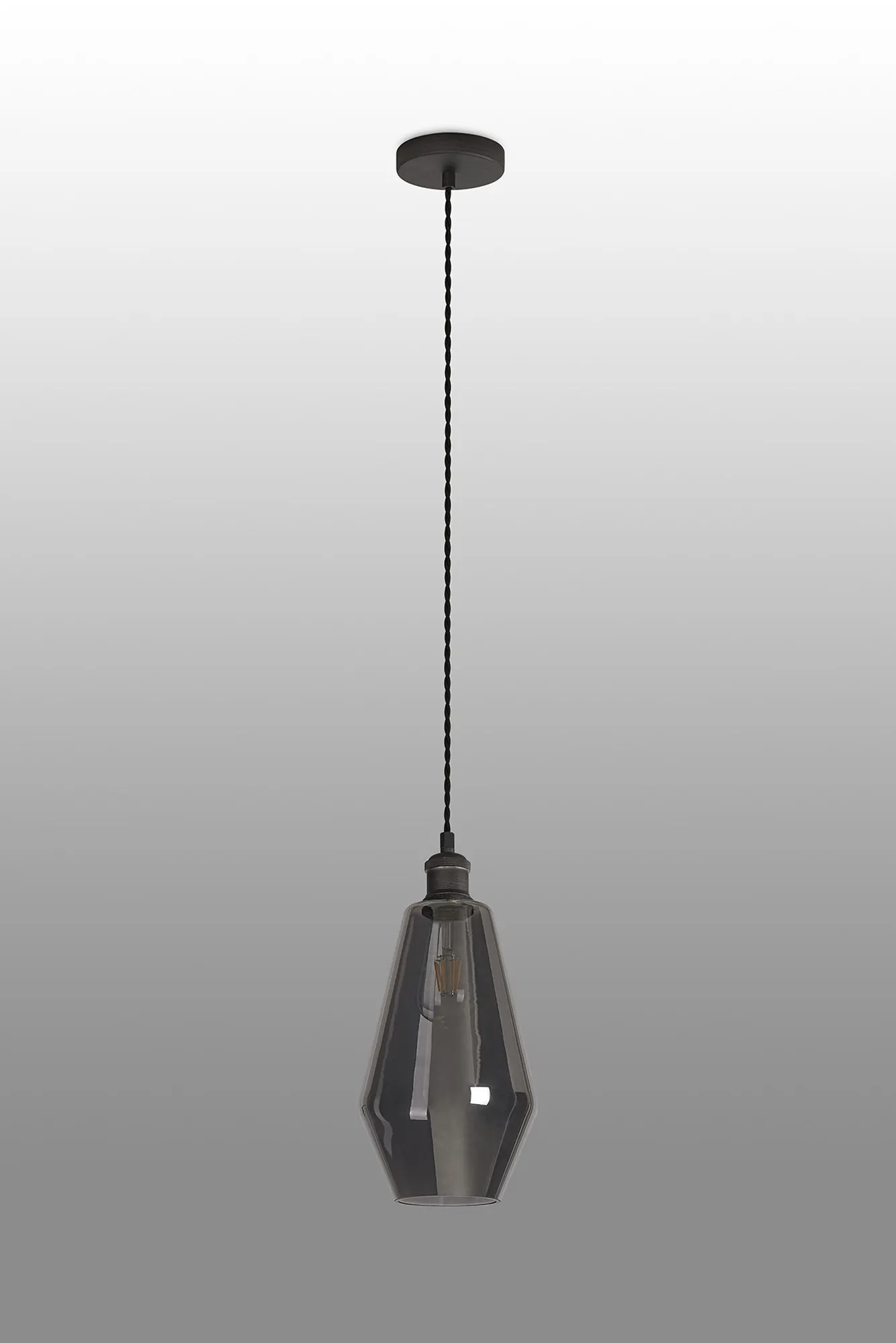 Cawdor Single Pendant, 1 Light E27, Pewter/Dark Grey/Smoke Kite Glass DK1142  Deco Cawdor